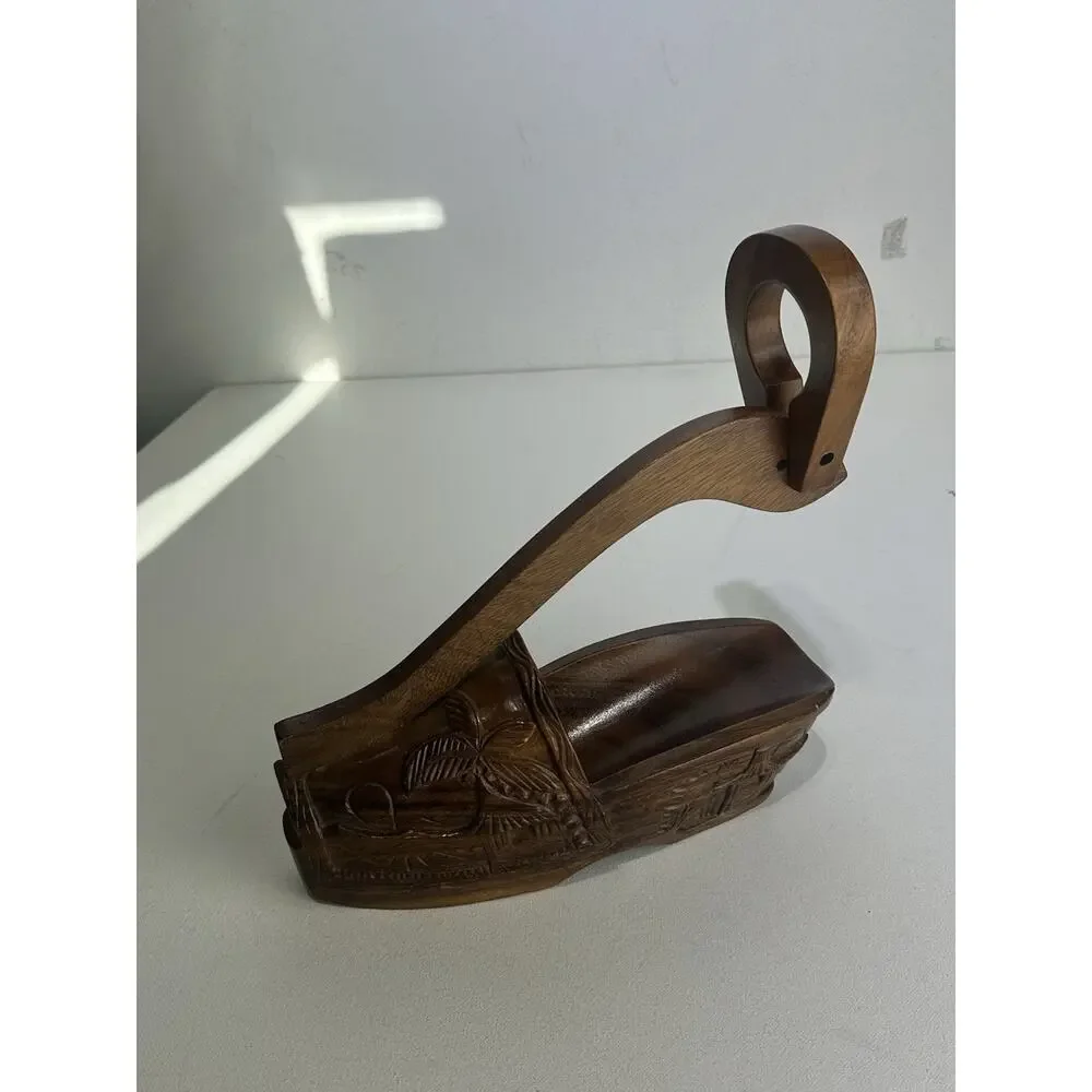 Vintage Handmade Wooden Shoe Shaped Wine Bottle Holder Carved Hawaiian